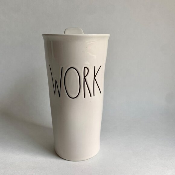 Rae Dunn White Ceramic WORK Travel Mug Lidded - Picture 1 of 4